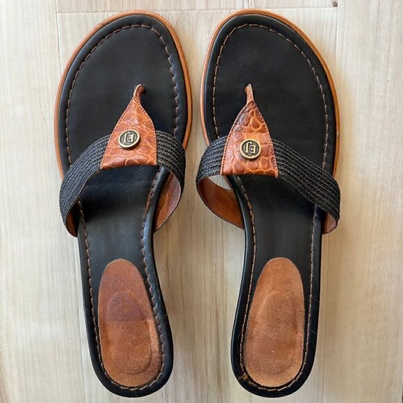 Eric Javits Black & Brown Leather Thong Slip On Kitten Heels Sandals - Picture 1 of 5